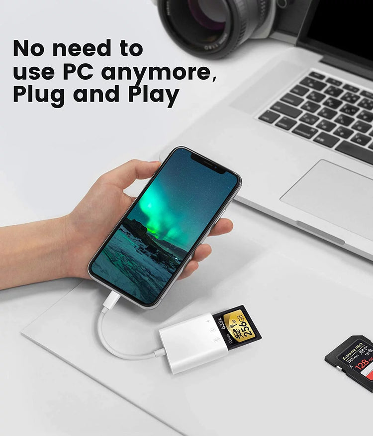 SD & Micro SD Card Reader for iPhone & iPad – Dual Slot Memory Card Adapter for Cameras & Photography, Plug & Play