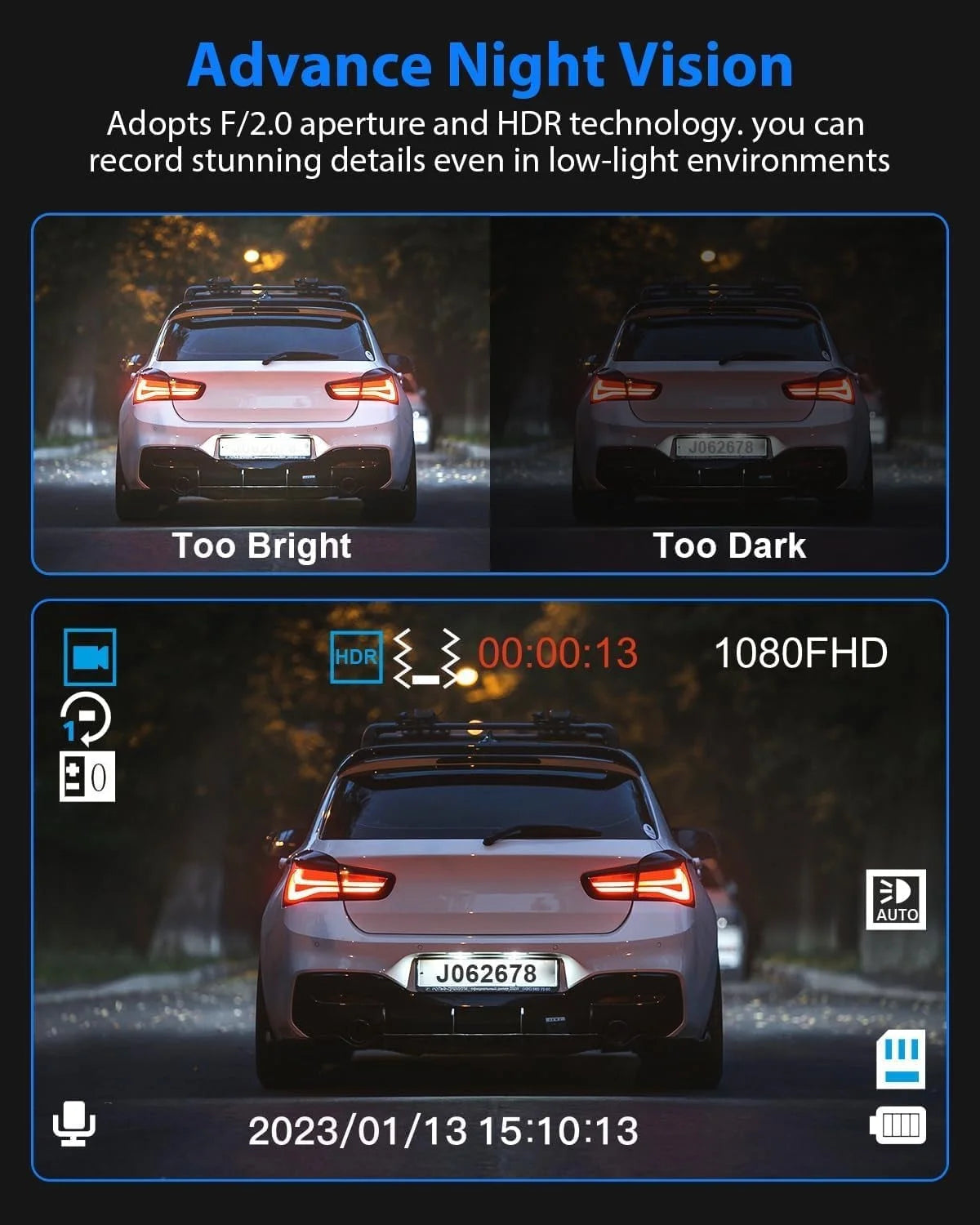 3-Channel Dash Cam Front, Rear & Interior – 1080P Car Camera with Night Vision, HDR, Parking Mode & 32GB Card Included