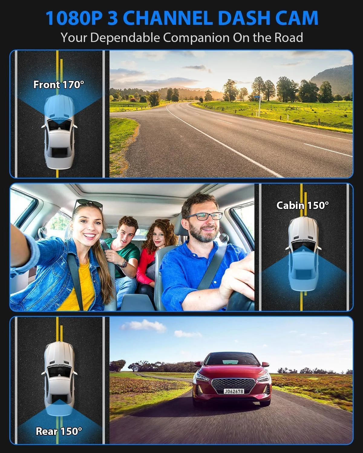 3-Channel Dash Cam Front, Rear & Interior – 1080P Car Camera with Night Vision, HDR, Parking Mode & 32GB Card Included