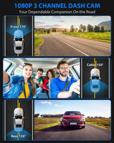 3-Channel Dash Cam Front, Rear & Interior – 1080P Car Camera with Night Vision, HDR, Parking Mode & 32GB Card Included