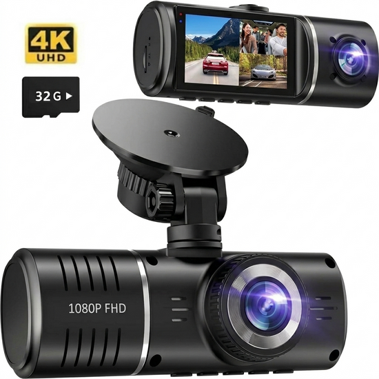 3-Channel Dash Cam Front, Rear & Interior – 1080P Car Camera with Night Vision, HDR, Parking Mode & 32GB Card Included